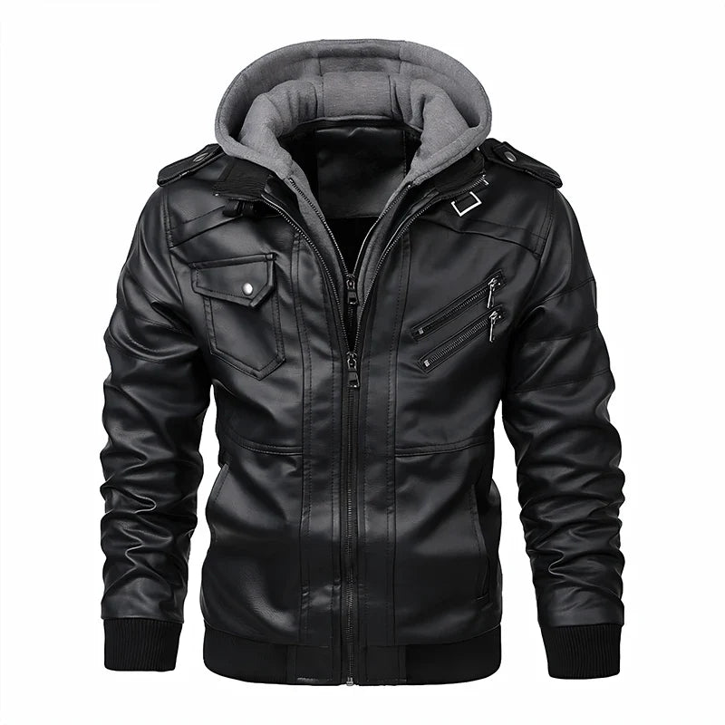 Herren Bomberjacke mit Kapuze und Reißverschlüssen, Lederoptik