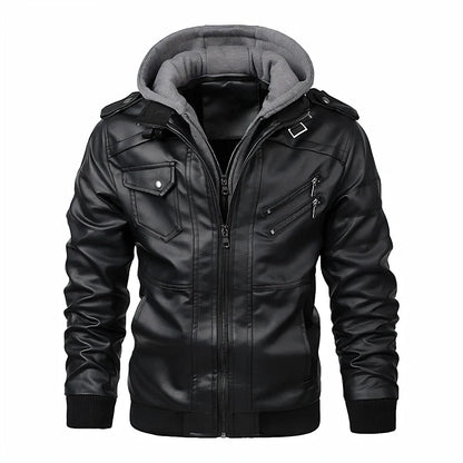 Herren Bomberjacke mit Kapuze und Reißverschlüssen, Lederoptik