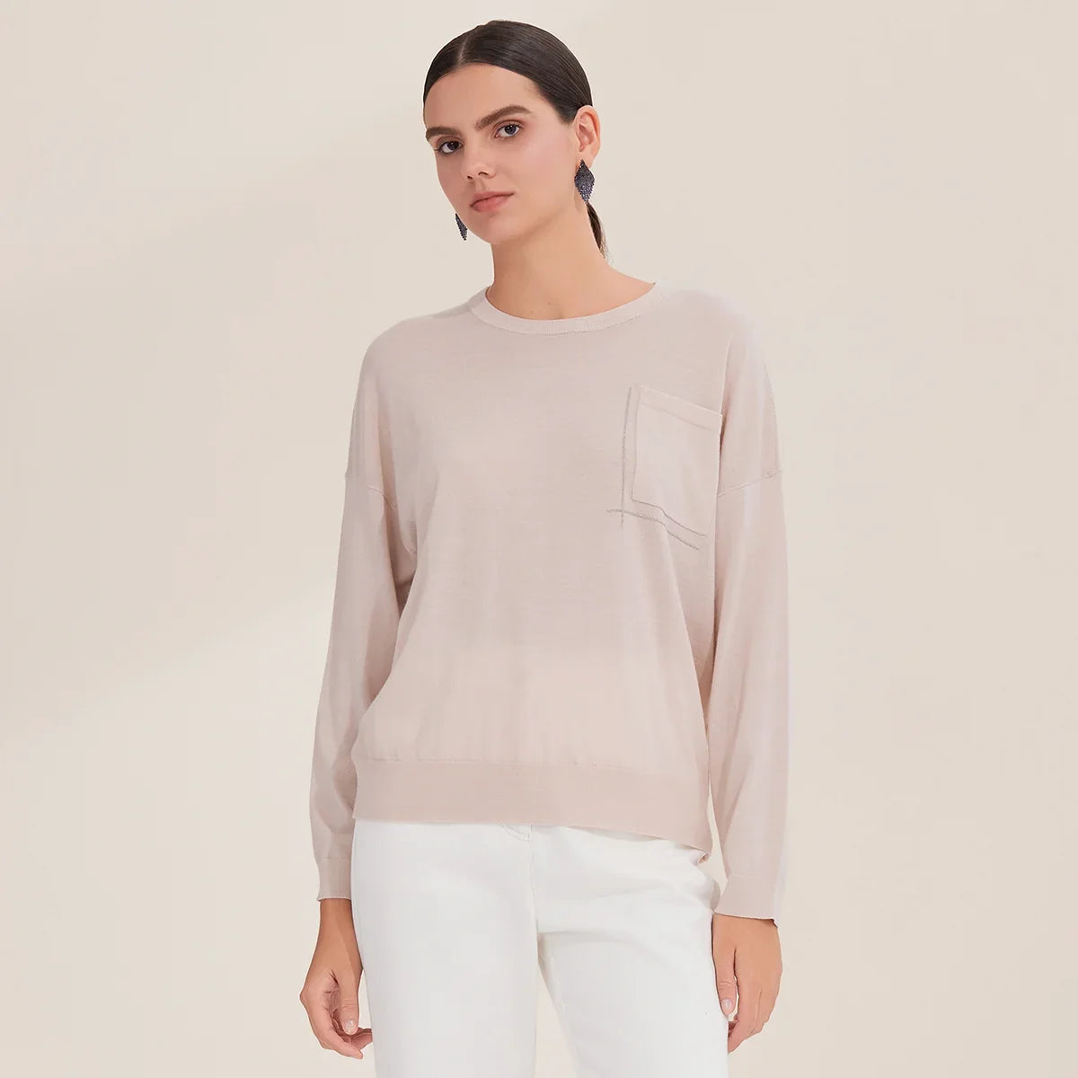 Women's Crew Neck Long-Sleeve Top with Decorative Pocket – White