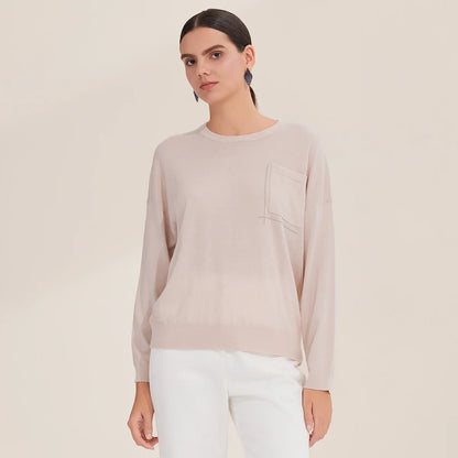 Women's Crew Neck Long-Sleeve Top with Decorative Pocket – White