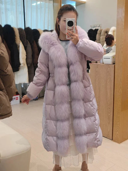 Women's Long Down Coat with Hood and Faux Fur Trim, Warm Winter Jacket