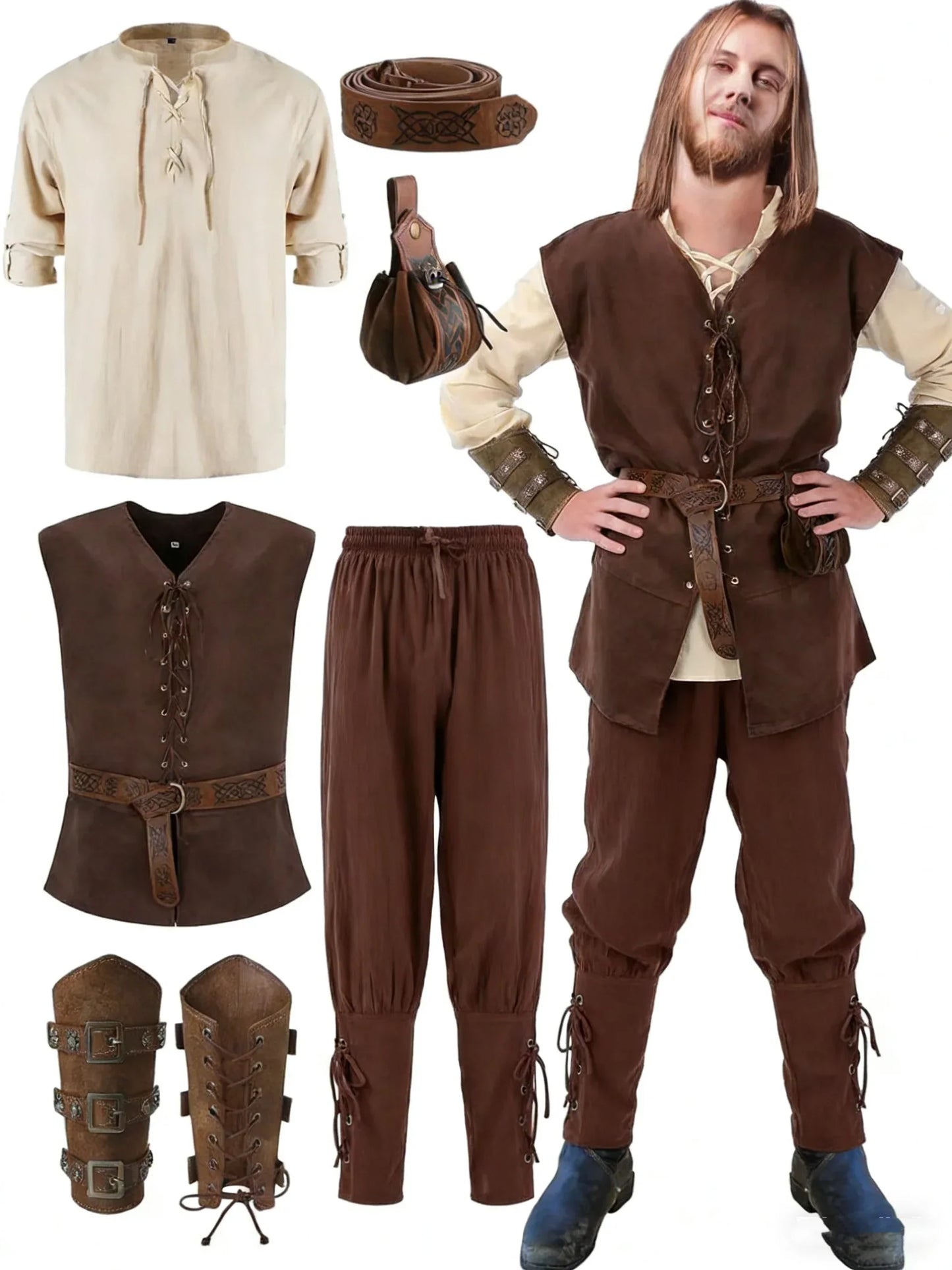 Mittelalterliches Herrenkostüm: Hemd, Weste, Hose, Gürtel, Armstulpen