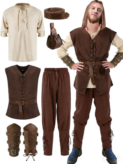 Mittelalterliches Herrenkostüm: Hemd, Weste, Hose, Gürtel, Armstulpen