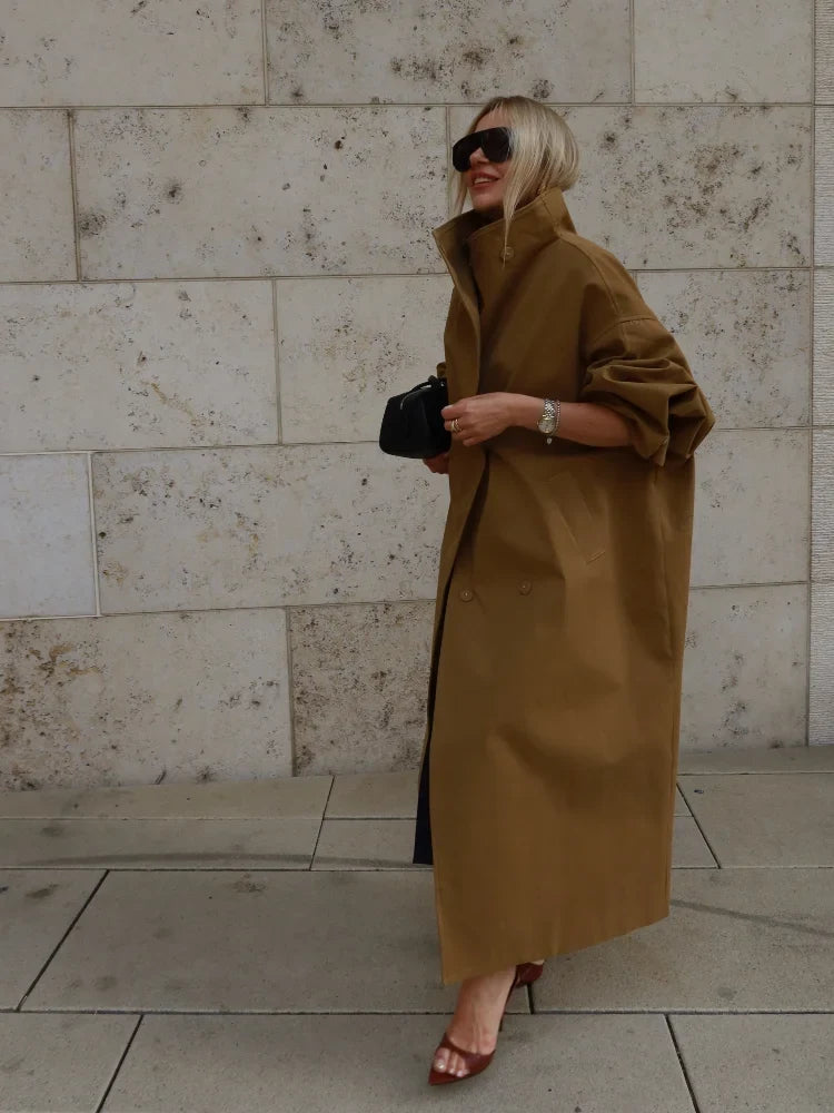 Oversized Damen Trenchcoat mit Gürtel und Stehkragen – Langer lockerer Übergangsmantel