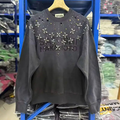 Unisex Crew-Neck Ombre Sweatshirt with Rhinestone Details