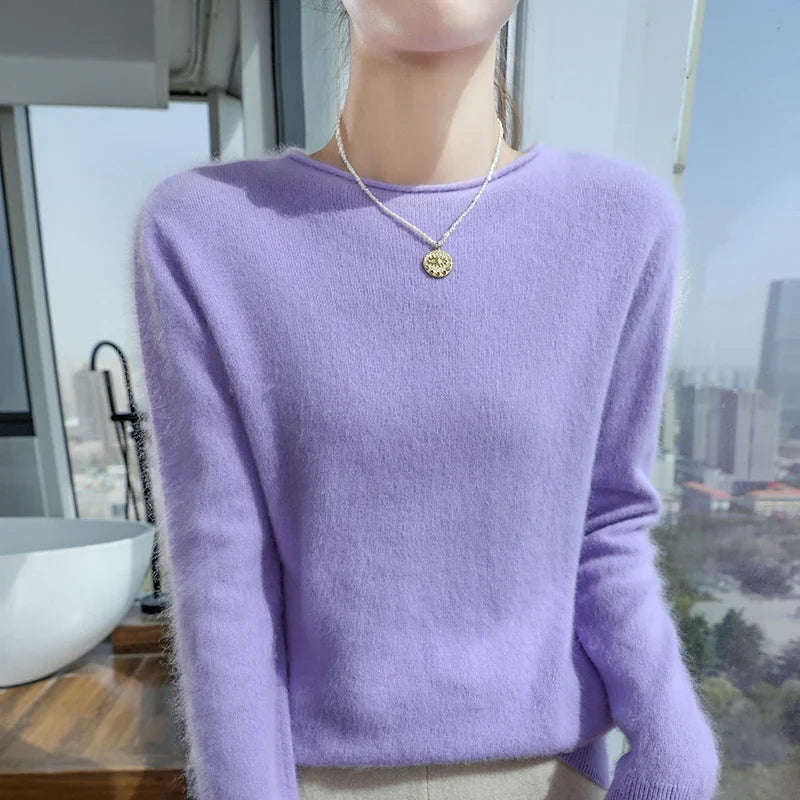 Women's Fuzzy Pink Crew-Neck Long-Sleeve Sweater