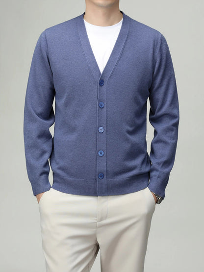 Men's V-neck cardigan with button placket, plain