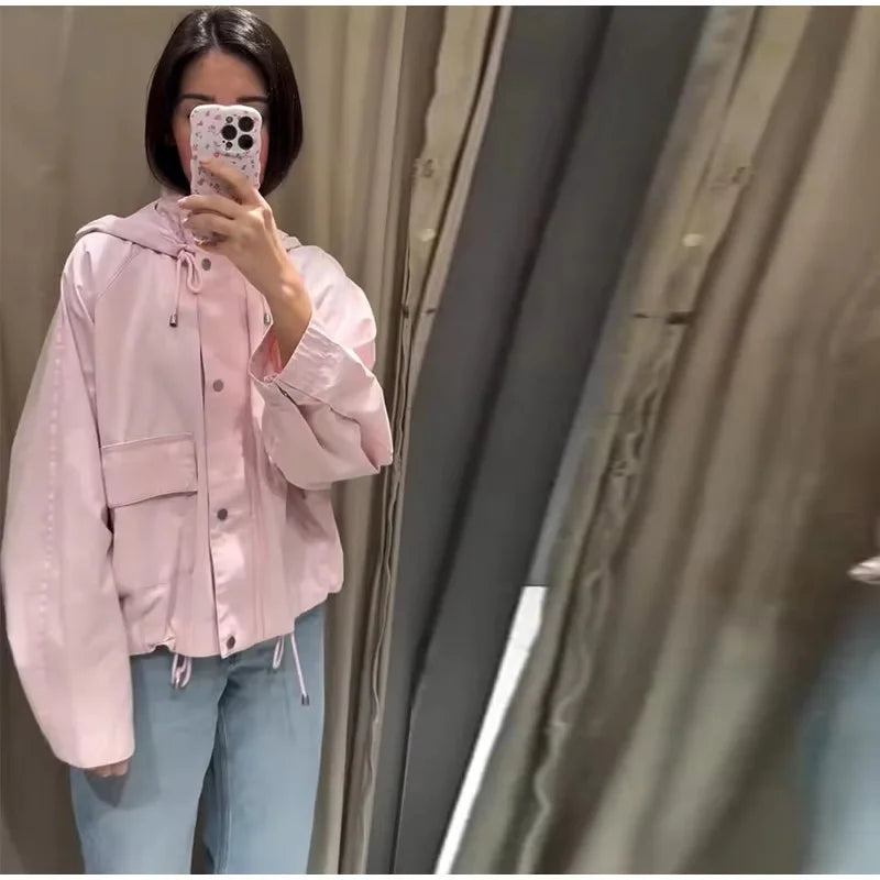 Women's Short Transitional Jacket with Hood and Pockets, Light Pink