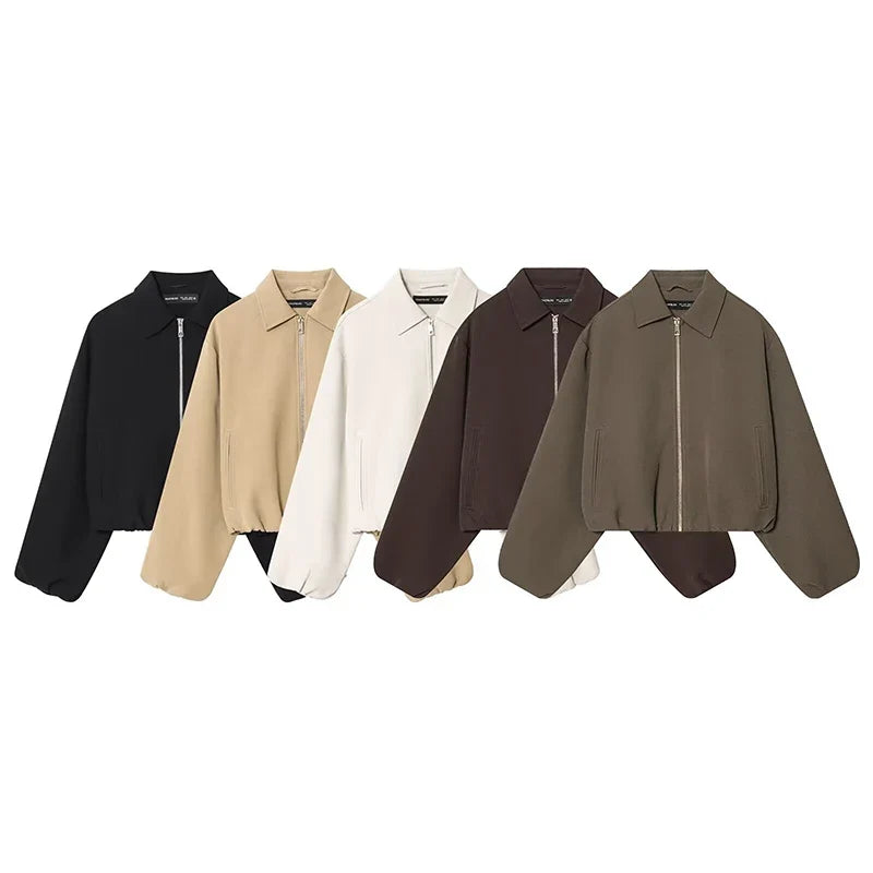 Short women's bomber jacket with collar, zipper, and long sleeves