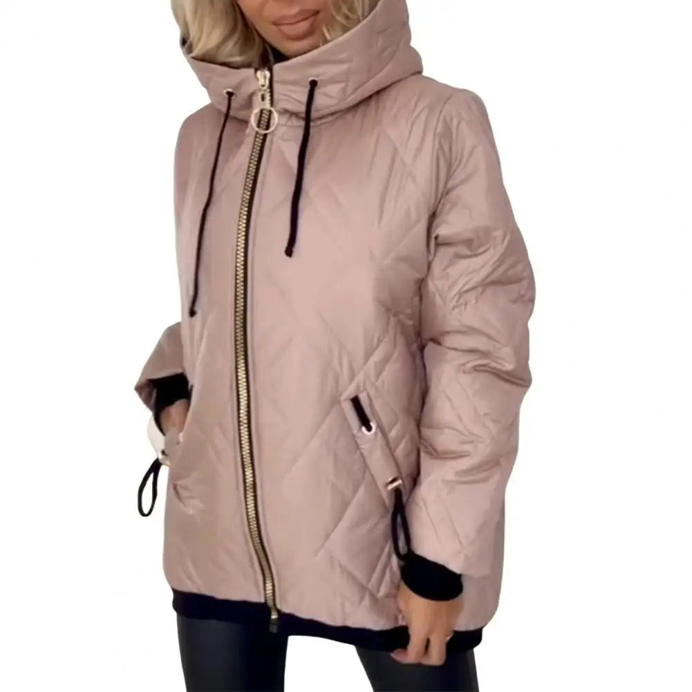 Women's quilted jacket with hood, zipper, and stand collar