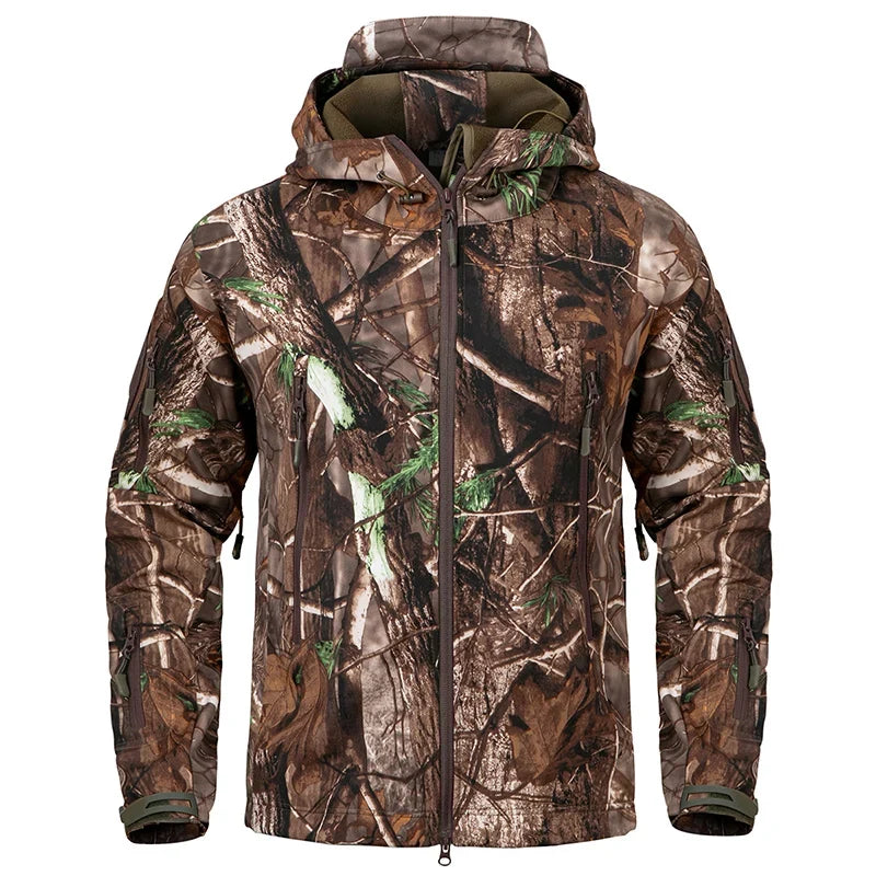 Camouflage outdoor jacket with hood and zippered pockets