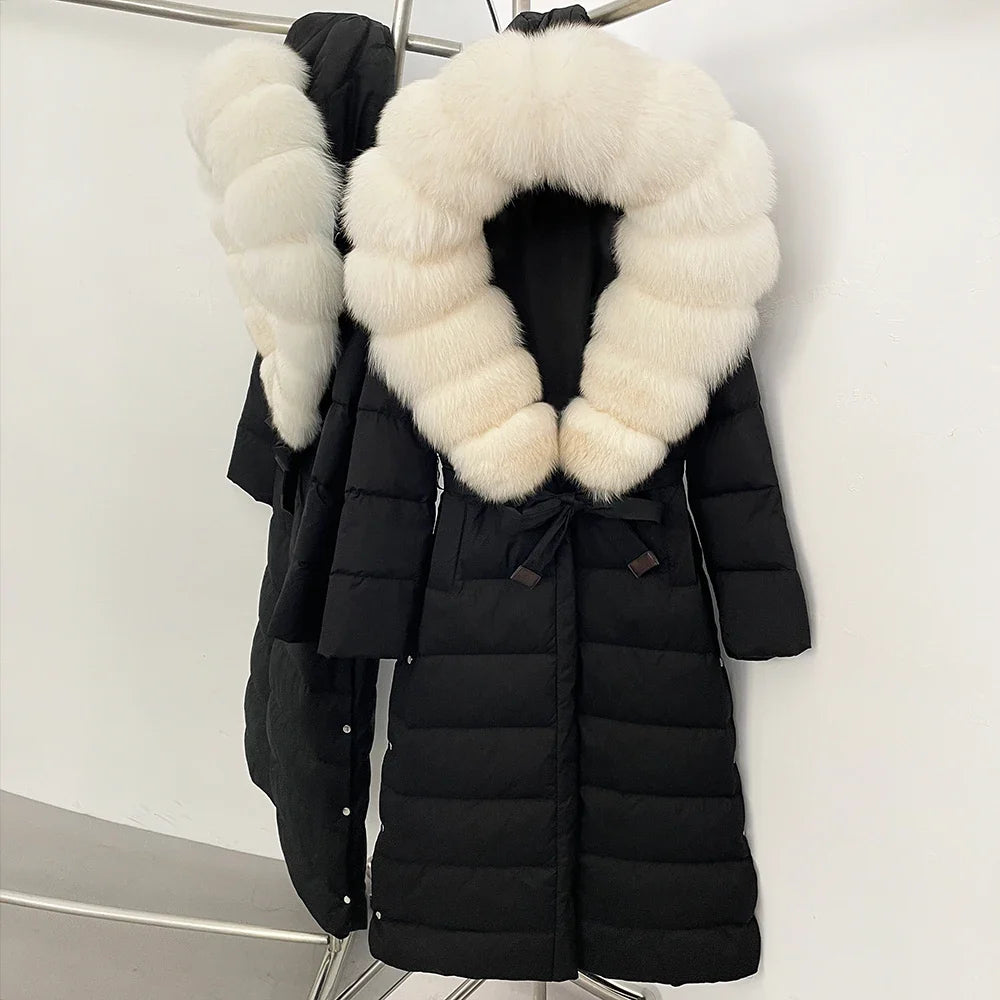 Damen Winter Steppmantel Lang mit Kunstfellkragen Bindegürtel