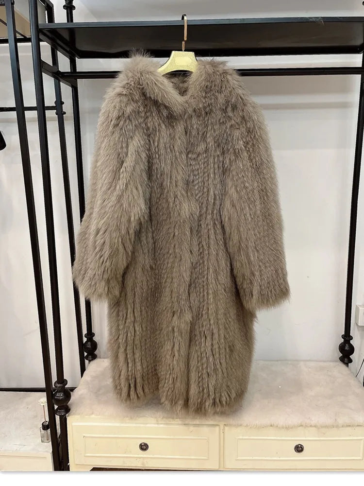 Long hooded coat with faux fur look