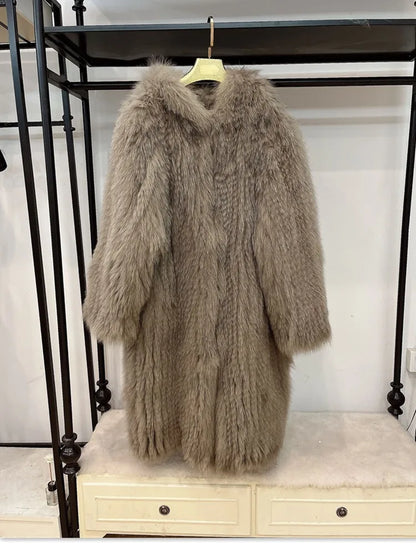 Long hooded coat with faux fur look