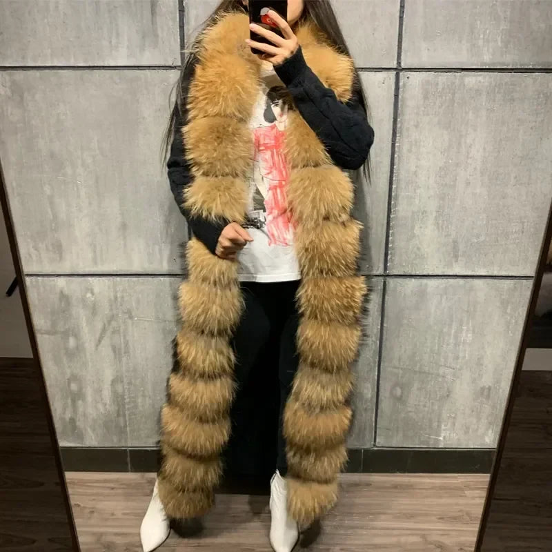 Long Knit Cardigan with Faux Fur Trim and Cable-Knit Pattern in Purple