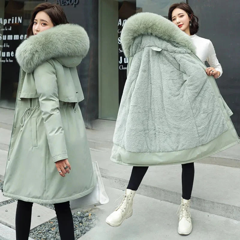 Winterparka Damen mit Pelzbesatz Kapuze und flauschigem Innenfutter Blau