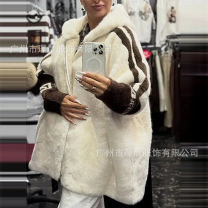 Women's plush hooded jacket with knitted sleeves and stripes