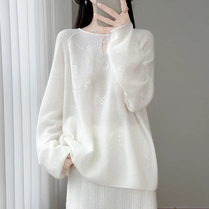 Damen Pullover Langarm Rundhals mit Cut-Out und Muster