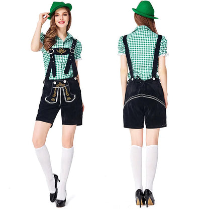 Women's Oktoberfest costume set: dirndl, lederhosen shorts, and checked shirt