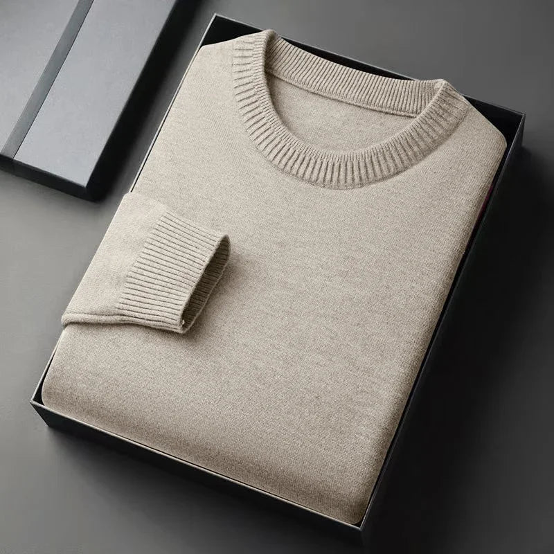 Unisex solid-color rib-knit crew-neck sweater with ribbed cuffs