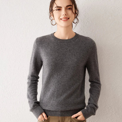 Women's crew-neck long-sleeve basic knitted sweater, cozy pullover