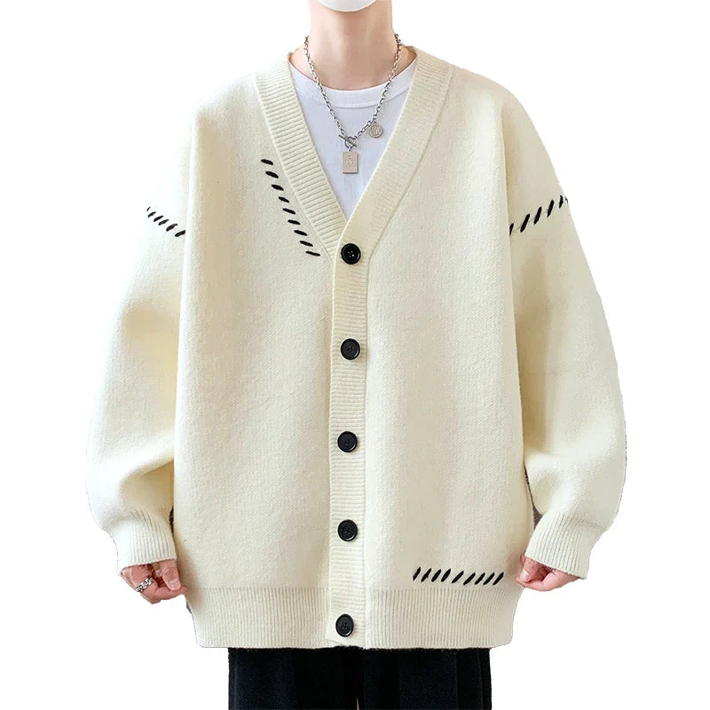 Unisex Strickjacke V-Ausschnitt Strick Cardigan mit Kontrastnähten Grün