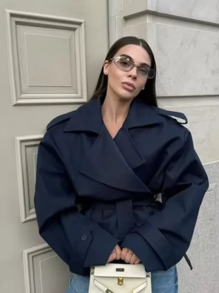 Damen Langer Trenchcoat Oversize mit hohem Kragen Schwarz