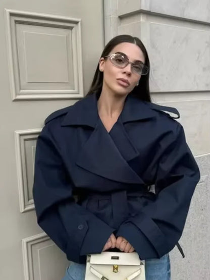 Damen Langer Trenchcoat Oversize mit hohem Kragen Schwarz