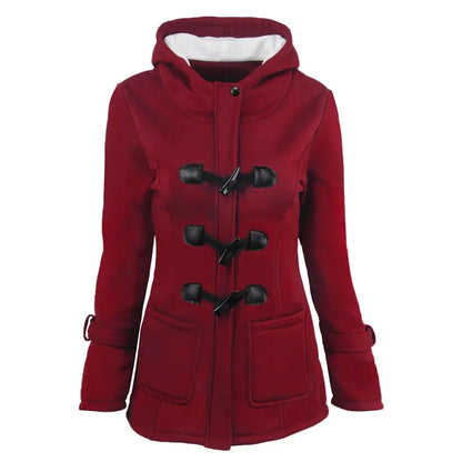 Damen Dufflecoat Schwarz mit Kapuze und Knebelverschlüssen, warm gefüttert