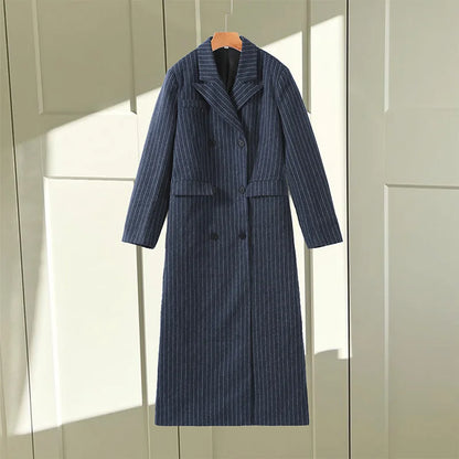 Damen Oversize-Mantel Marineblau Nadelstreifen Lang Zweireihig