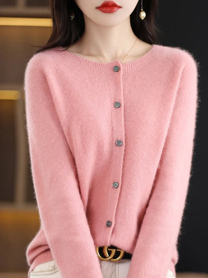 Women's crew-neck knitted cardigan with button placket, long-sleeve