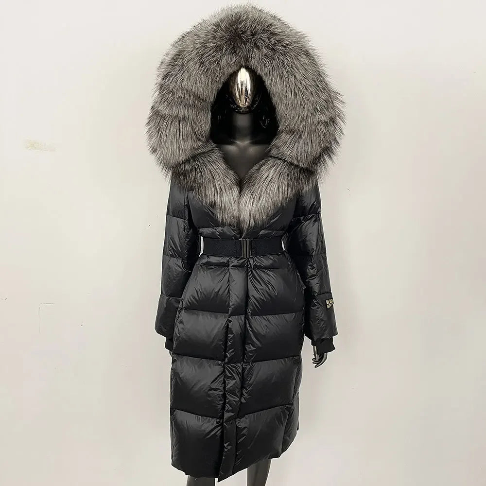 Women's long winter quilted coat with faux-fur hood and belt