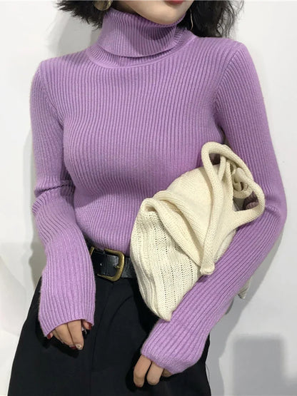 Gerippter Damen Rollkragenpullover Langarm Slim Fit Strickoberteil