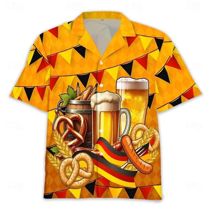 Men's Oktoberfest shirt, short sleeves, beer, pretzel, and sausage design