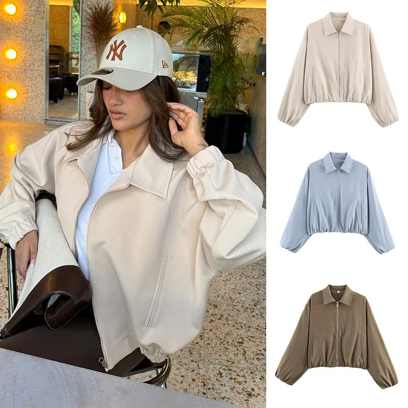 Women's cropped bomber jacket with zipper & collar