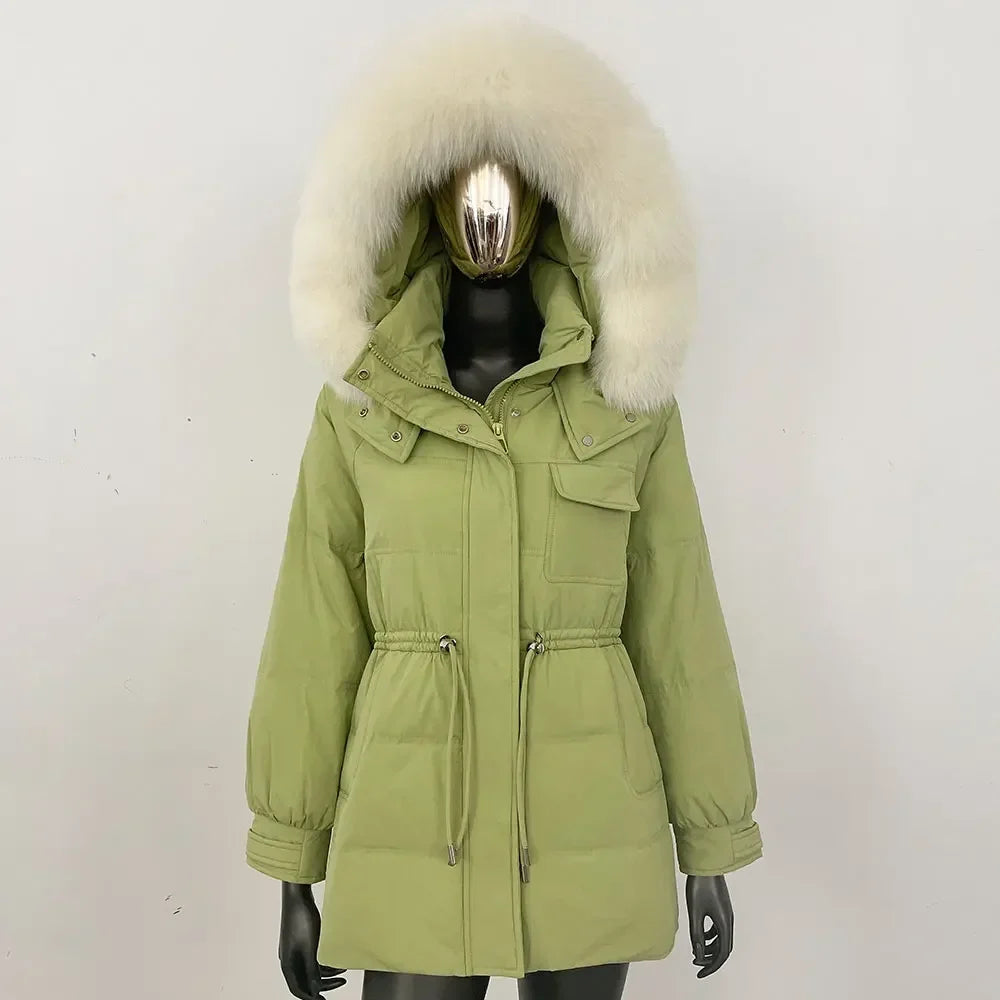 Women's winter parka jacket with fur hood and drawstring waist