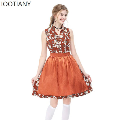 Women's dirndl mini dress with floral pattern, sleeveless blouse, and apron
