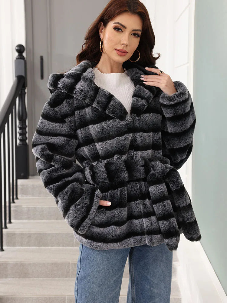 Women's striped faux-fur jacket with hood and tie belt