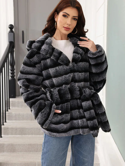 Women's striped faux-fur jacket with hood and tie belt