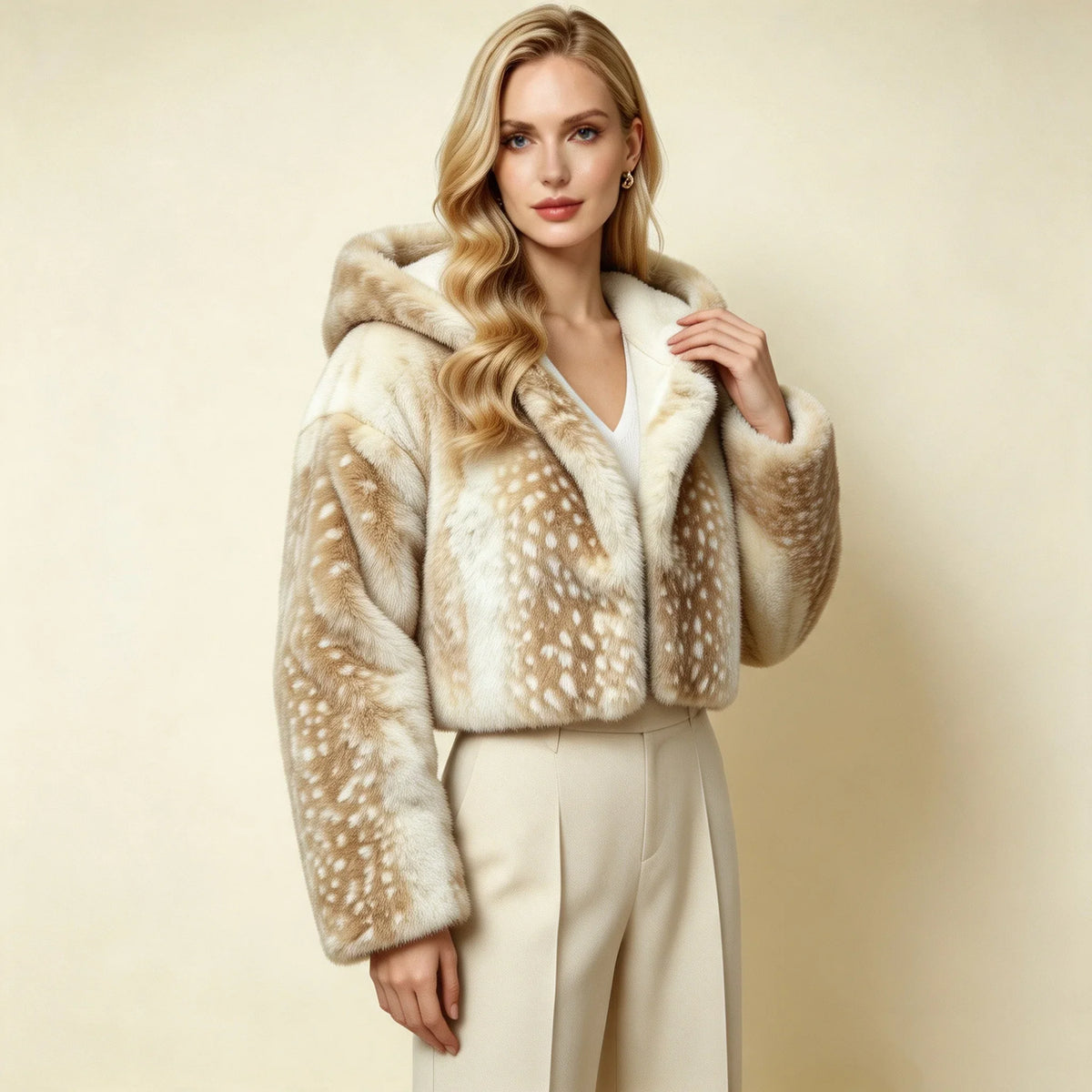 Short women's faux fur jacket with hood, dotted pattern, Beige