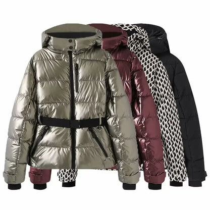 Gesteppte Damen Winterjacke mit Kapuze und Gürtel