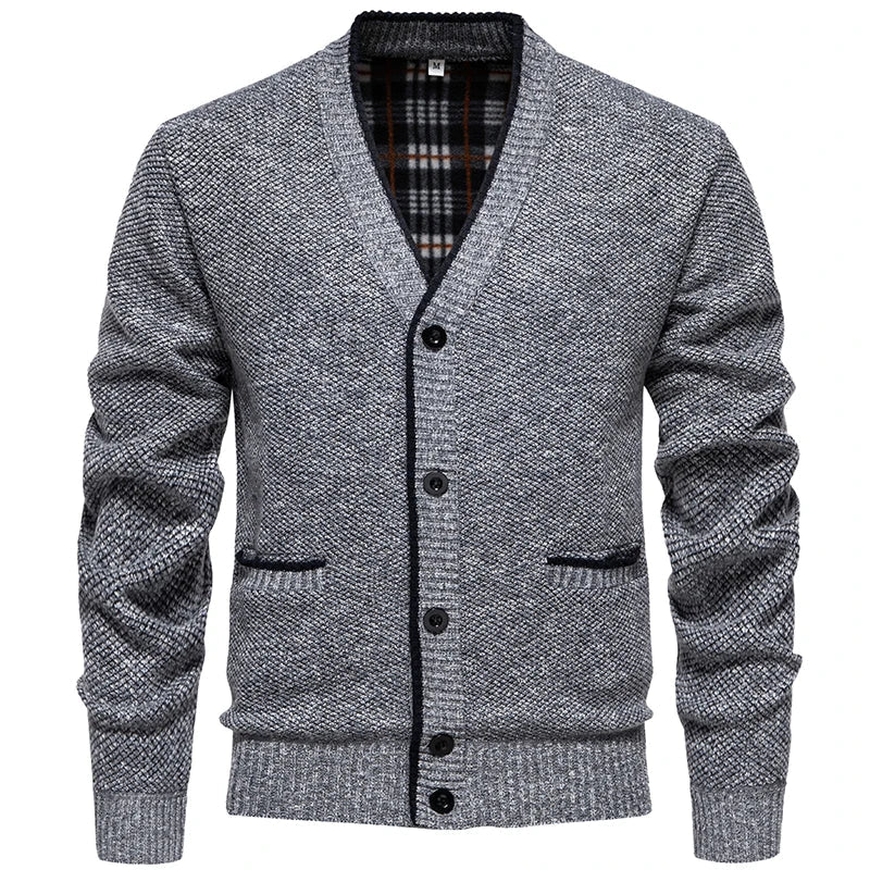 Herren Strickjacke V-Ausschnitt Knopfleiste Mottiert Grau