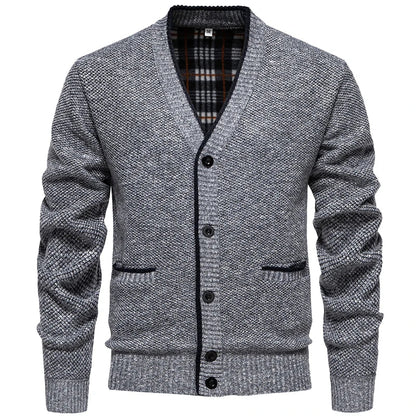 Herren Strickjacke V-Ausschnitt Knopfleiste Mottiert Grau