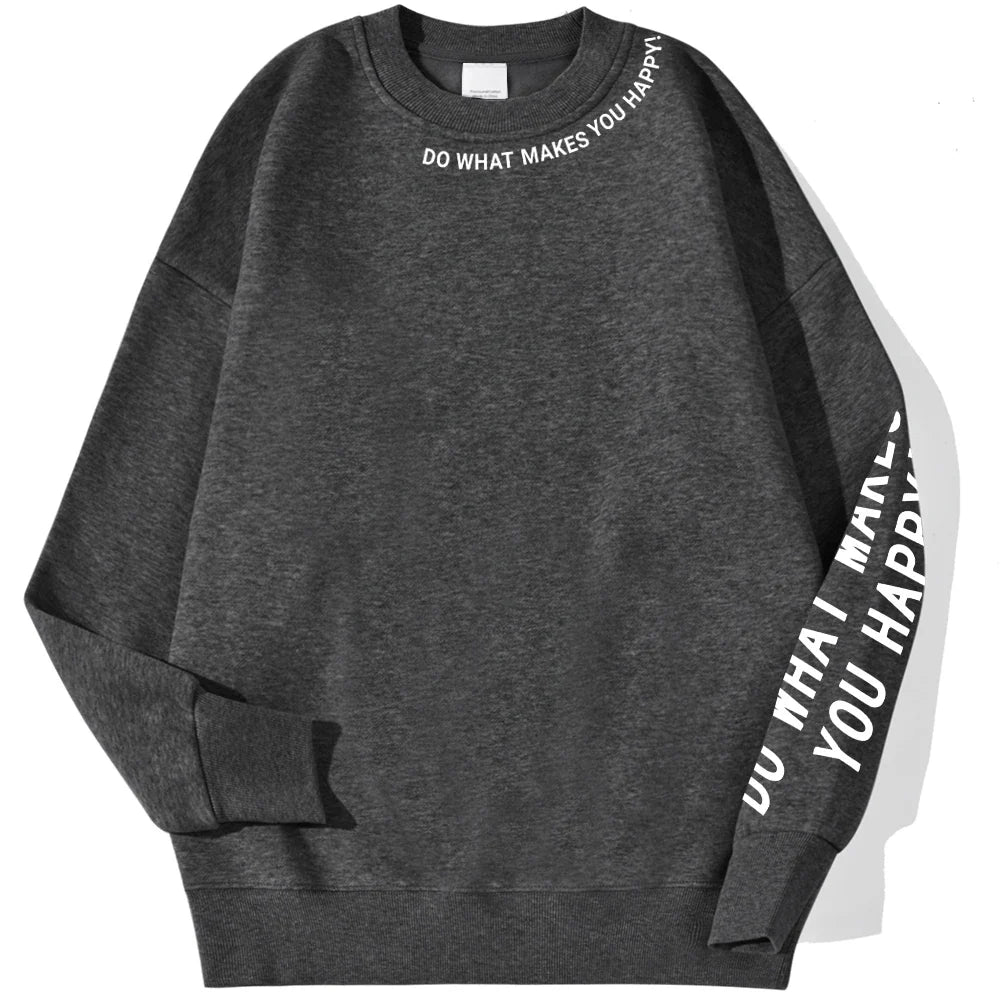 Women's crew-neck long-sleeve sweatshirt with "Do What Makes You Happy" slogan print