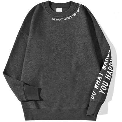 Women's crew-neck long-sleeve sweatshirt with "Do What Makes You Happy" slogan print
