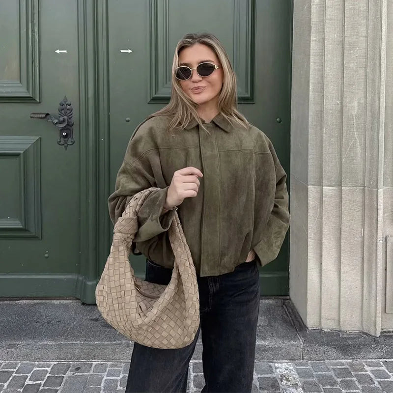 Women's short bomber jacket, oversized, green with collar