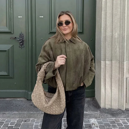 Women's short bomber jacket, oversized, green with collar