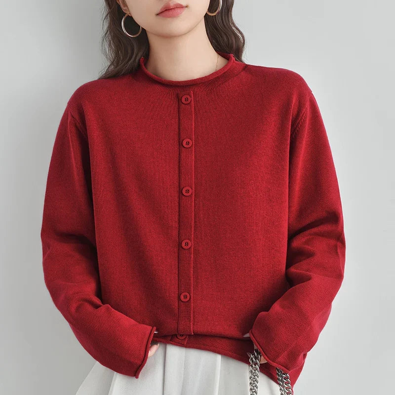 Damen Cardigan Rundhals Langarm Strickjacke mit Knöpfen