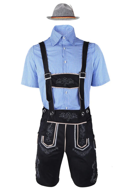 Men’s traditional outfit: lederhosen, shirt, hat, quilted details, various colors