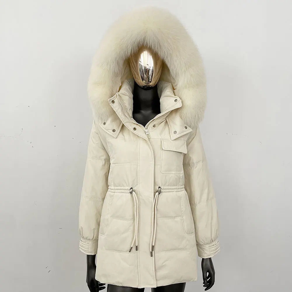 Women's winter parka jacket with fur hood and drawstring waist